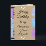 Cartão Best friend birthday rustic purple<br><div class="desc">Personalize this rustic Birthday Card for your wonderful Friend.
Designed in purple,  blue,  lilac and white.
Wishing you a birthday as beautiful and lovely as you.
Remember to make a wish.
*Kraft graphic effect background.
*Real Kraft card is not used</div>