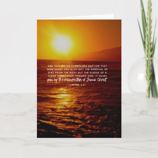 Cartão Bible Verse Ocean Sunset 1 Peter 3:21 (Frente)