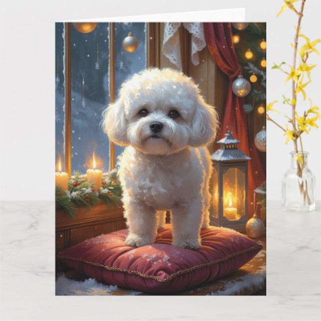 Cartão Bichon Frise com Férias de Natal (Flor Amarela)