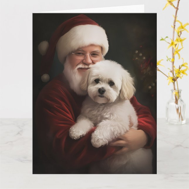 Cartão Bichon Frise com Papai Noel Natal Festivo (Flor Amarela)
