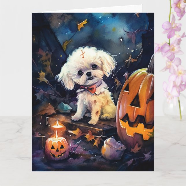 Cartão Bichon Frise de Halloween com Abóboras Assustador (Orquídea)