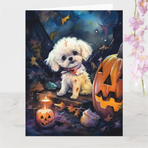 Cartão Bichon Frise de Halloween com Abóboras Assustadora
