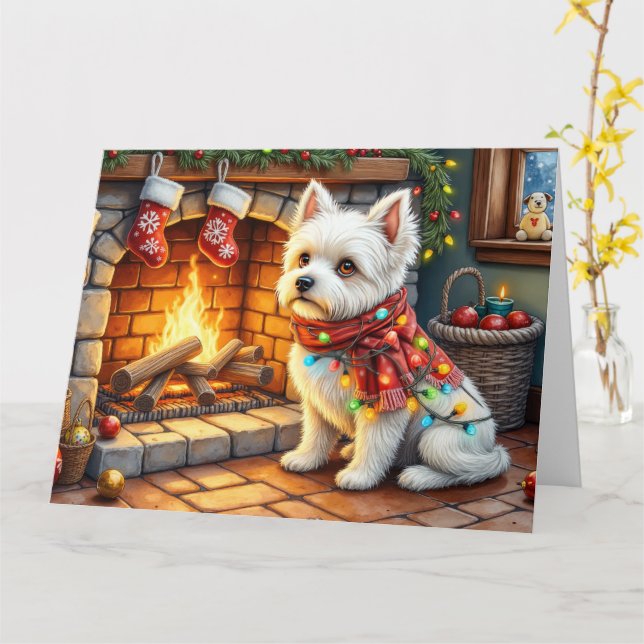Cartão Bichon Frise Fireplace with Christmas Lights (Flor Amarela)