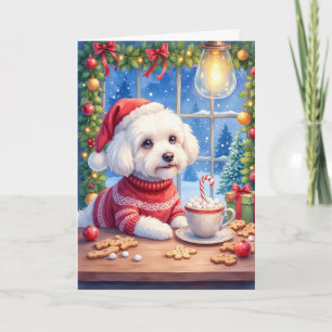 Cartão Bichon Frise Natal Café de Chocolate Quente Férias