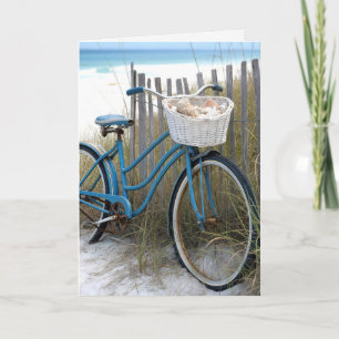 Cartão Bicicleta azul retrô de aniversário com conchas