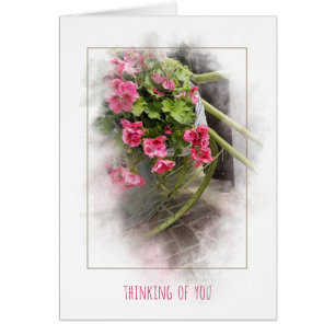 Cartão bicicleta com os gerânio que pensam de você