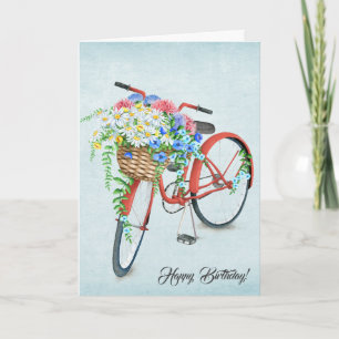 Cartão Bicicleta de aniversário com buquê de flores