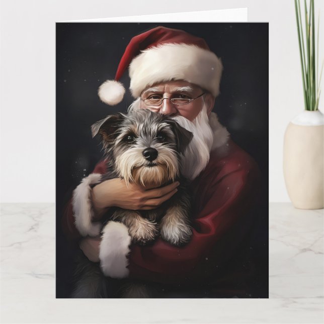 Cartão Biewer Terrier com Papai Noel Natal Festivo (Frente)