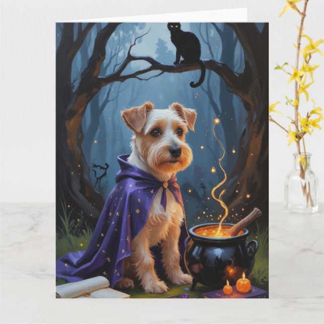 Cartão Biewer Terrier Dog Whimsical Halloween Painting (Flor Amarela)