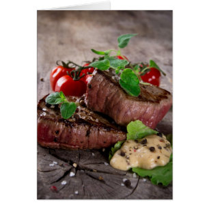 Cartão Bifes de churrasco grelhados com ervas frescas e t