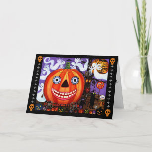 Cartão Big Eye Grinning Halloween Pumpkin Black Cats Card