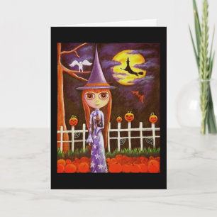 Cartão Big Eye Halloween Witch Pumpkins on Fence Owl