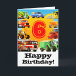 Cartão Big Trucks 6th Birthday Party<br><div class="desc">Nine bright colourful trucks surround a great big number 6! Add your own age! A green and yellow cement mixer, blue pick up truck, yellow bulldozer, orange dumper truck, red road roller, green tractor and trailer, big red firetruck, yellow digger and a builder's red truck! All kinds of transport, the...</div>