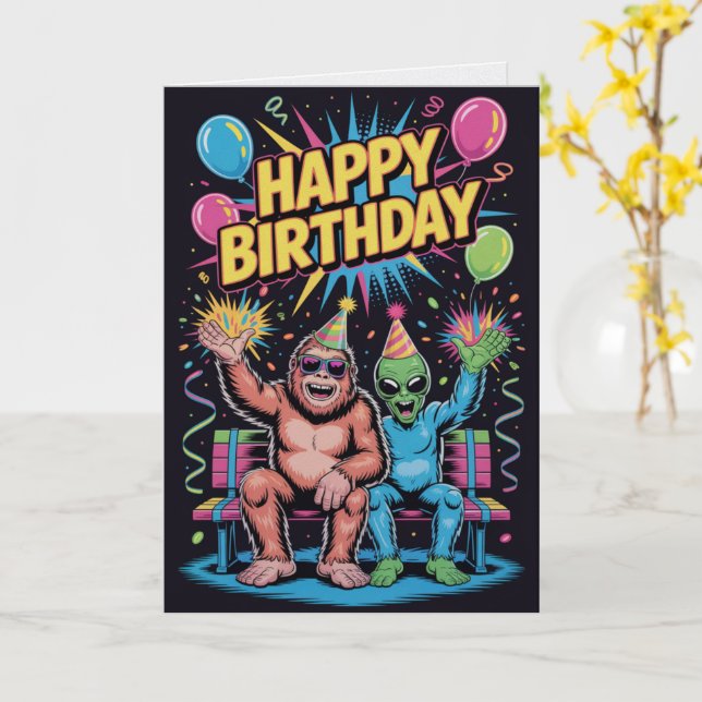 Cartão Bigfoot Alien Birthday Card Funny Cryptid UFO  (Flor Amarela)