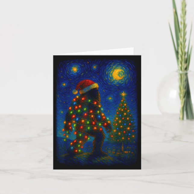 Cartão Bigfoot Christmas Sasquatch Santa Hat Starry Night (Frente)