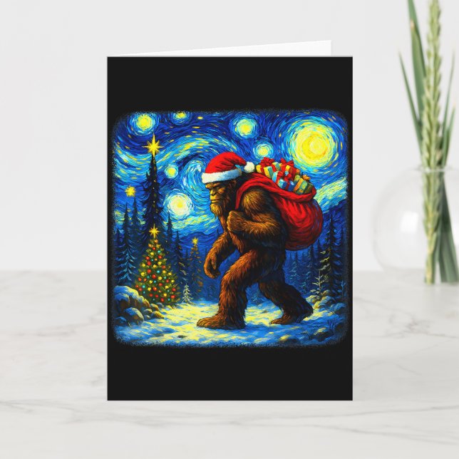 Cartão Bigfoot Santa Christmas Starry Night Sasquatch Van (Frente)
