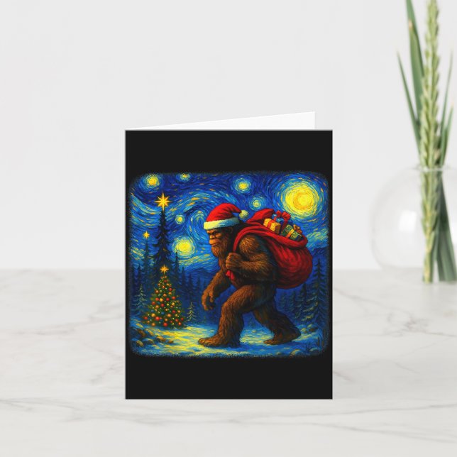 Cartão Bigfoot Santa Christmas Starry Night Sasquatch Van (Frente)