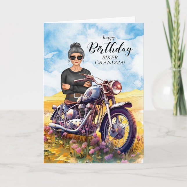 Cartão Biker Grandma Motorcycle Wildflower Birthday (Frente)