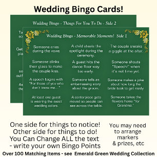 Cartão BINGO de Casamento! Jogo para Convidados Esmeralda