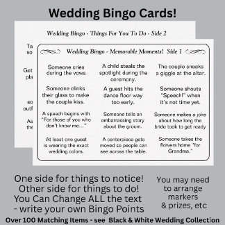 Cartão BINGO de Casamento! Jogo para Convidados Preto Bra