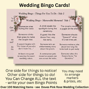 Cartão BINGO de Casamento! Jogo para Convidados Rosas Bei