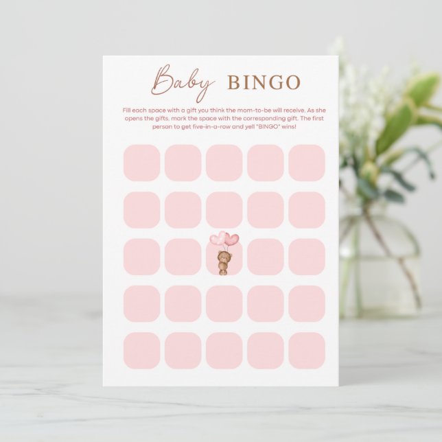 Cartão BINGO Pink Baby Bear & Balloons Baby Shower (Em pé/Frente)