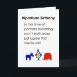 Cartão Bipartisan Birthday, A Funny Happy Birthday Poem<br><div class="desc">A funny happy birthday card,  featuring a bad poem and illustration,  that attempts to foster some agreement on one very narrow point. Our character,  tillie,  looks a little unhappy and has a blue donkey on one side and a red elephant on the other.</div>