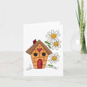 Cartão Birdhouse com Daisies e Heart Folk Art