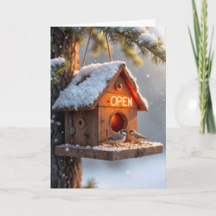 Cartão Birdhouse de Aniversário com Neon Open Sign