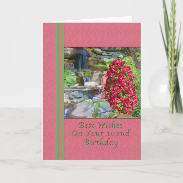 Cartão Birthday, 102nd, Bougainvillea, Birds, Waterfall (Frente)