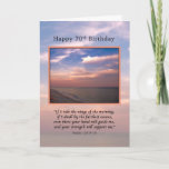 Cartão Birthday, 70th, Sunrise at the Beach, Religious<br><div class="desc">Dawn appears over the ocean as sailboats are seen on the horizon. A Bible verse completes this image for a 70th birthday card. The image is base don photos taken along Florida’s gulf coast.  The customer can easily customize the wording on the inside verse.</div>