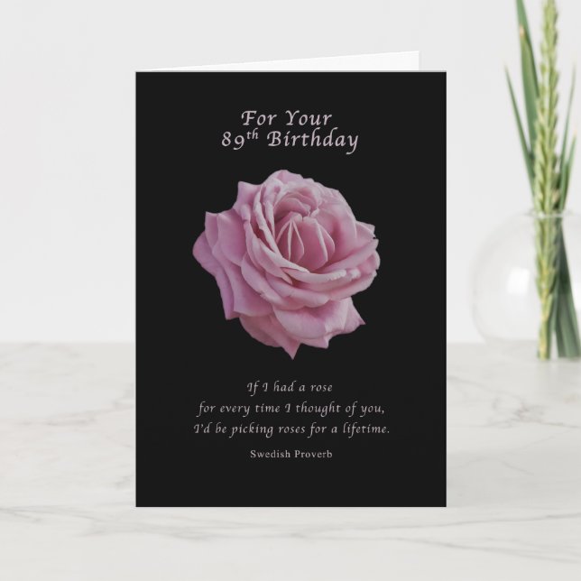 Cartão Birthday, 89th, Pink Rose on Black (Frente)