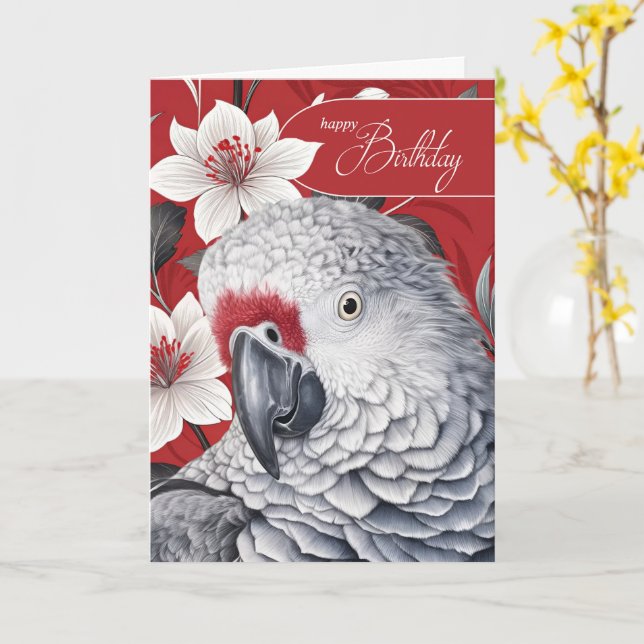 Cartão Birthday African Grey Parrot Red and White Lilies (Flor Amarela)