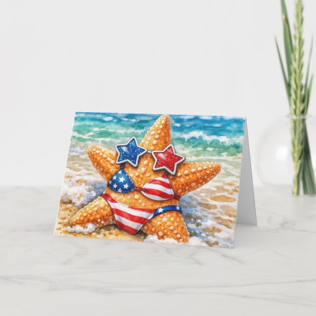 Cartão Birthday American Starfish with Flag Bikini (Frente)