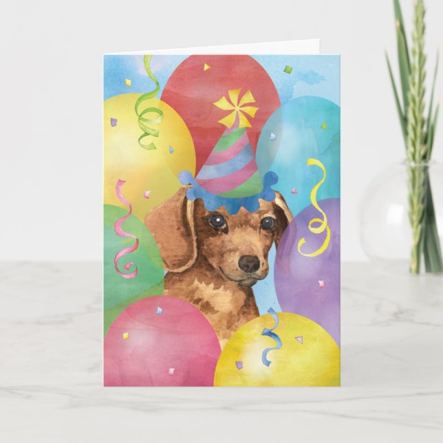 Cartão Birthday Balloons Dachshund (Frente)