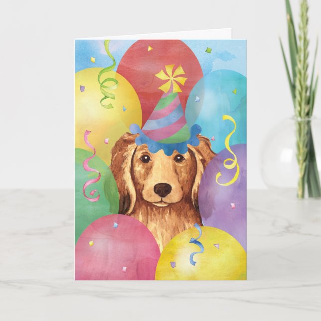 Cartão Birthday Balloons Longhaired Dachshund (Frente)