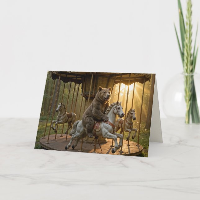 Cartão Birthday Bear Riding on a Carousel (Frente)