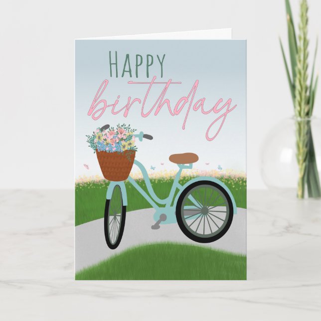 Cartão Birthday Bicycle with Basket Full of Flowers (Frente)