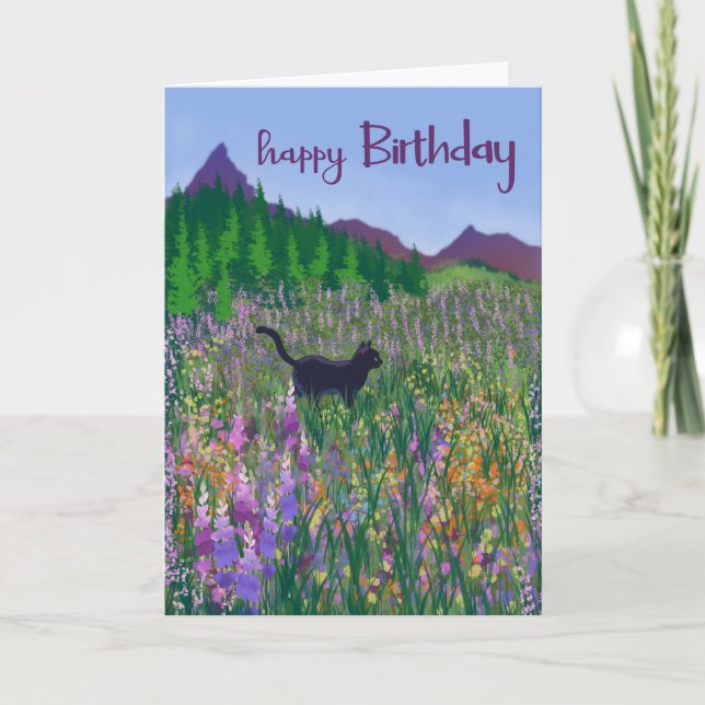 Cartão Birthday Black Cat and Wildflowers (Frente)