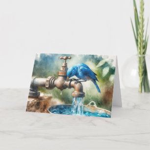 Cartão Birthday Bluebird em uma torneira retrô