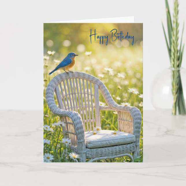Cartão Birthday Bluebird On a Wicker Cadeira (Frente)