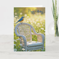 Birthday Bluebird On a Wicker Cadeira