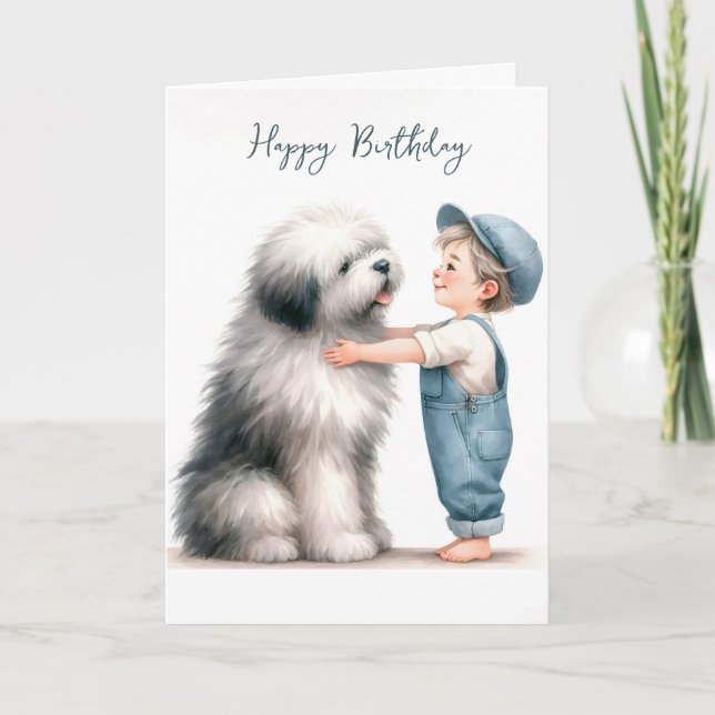 Cartão Birthday Boy Hugging Dog Watercolor (Frente)