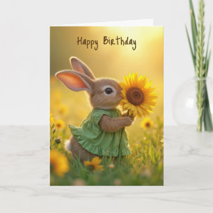 Cartão Birthday Bunny cheirando um girassol amarelo