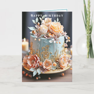 Cartão Birthday Cake Light Blue Peach Dourado Filigre