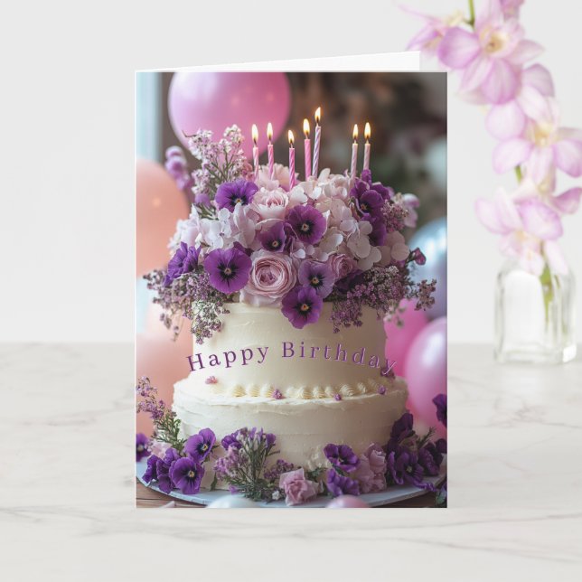 Cartão Birthday Cake Purple Pansies Hydrangea Birthday (Orquídea)