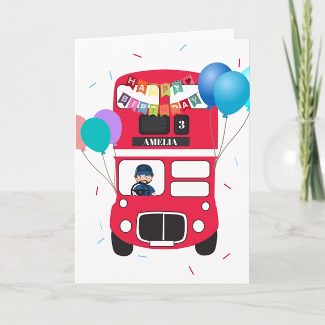 Cartão Birthday Card - Personalised Big Red Bus (Frente)
