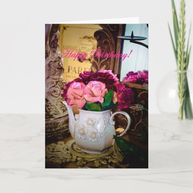 CARTÃO BIRTHDAY CARD SHOWING ANTIQUE TEA POT WITH ROSES (Frente)