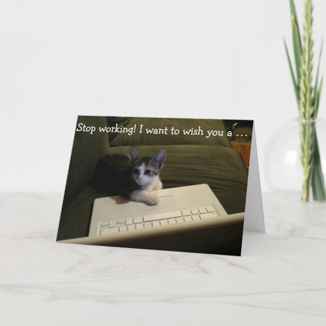 Cartão Birthday Card with Cat: Stop Working! (Frente)