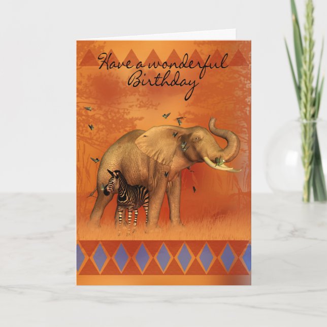 Cartão Birthday Card With Elephant Butterfly And Zebra (Frente)